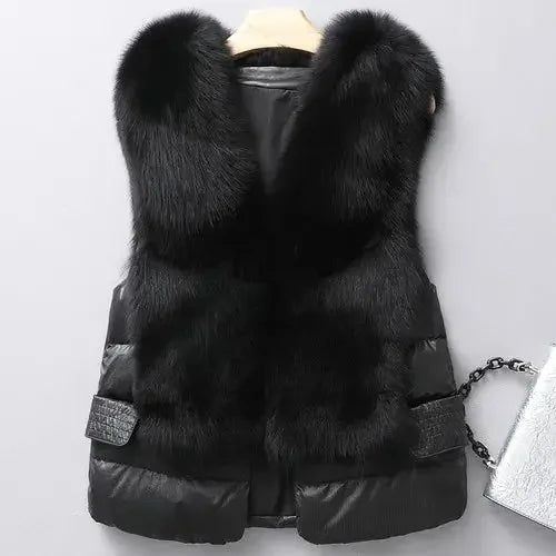 Leather and Fur Vest Women's Short Down Feather Imitation Fox Slim Temperament Jacket 23 New Autumn and Winter Fashion All-match