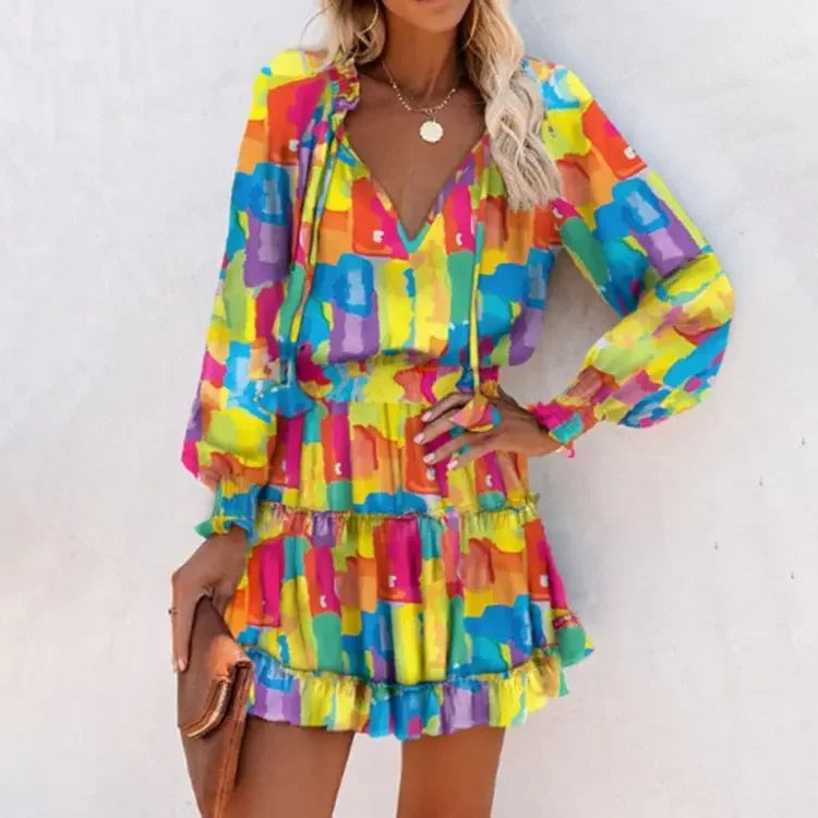 Spring Floral Lantern Sleeve Ruffle Mini Dress