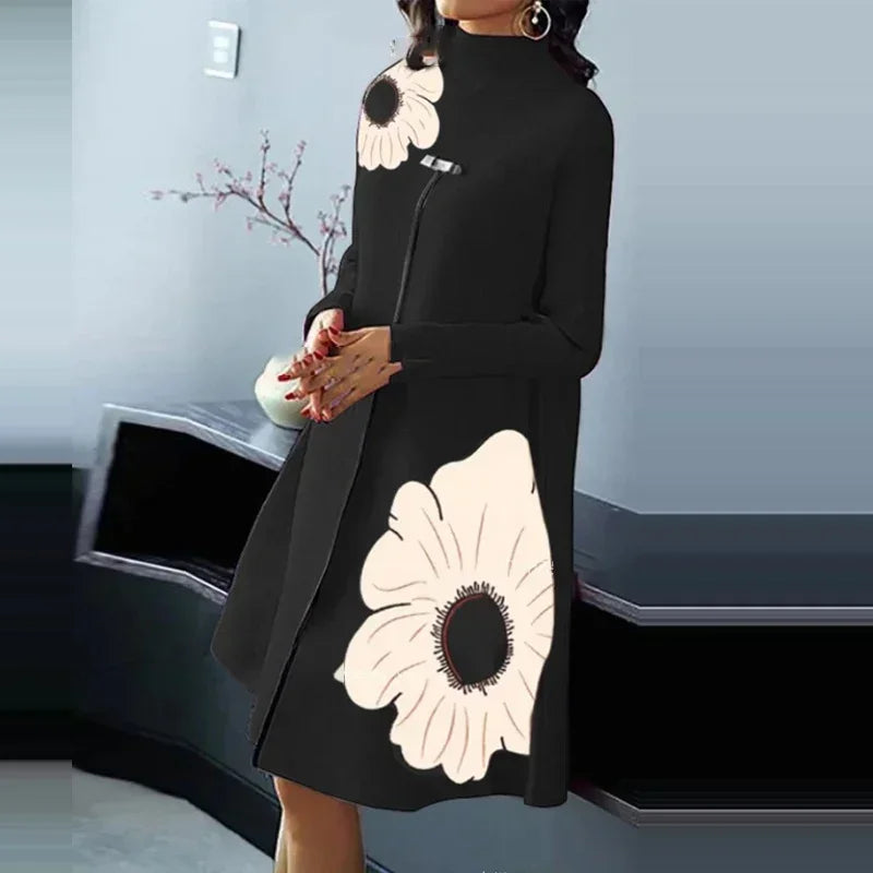 New Autumn Winter Women Long Sleeved High Split Design Dress Female Flower Printed Loose A-Line Dress Lady Half Turtleneck Dress