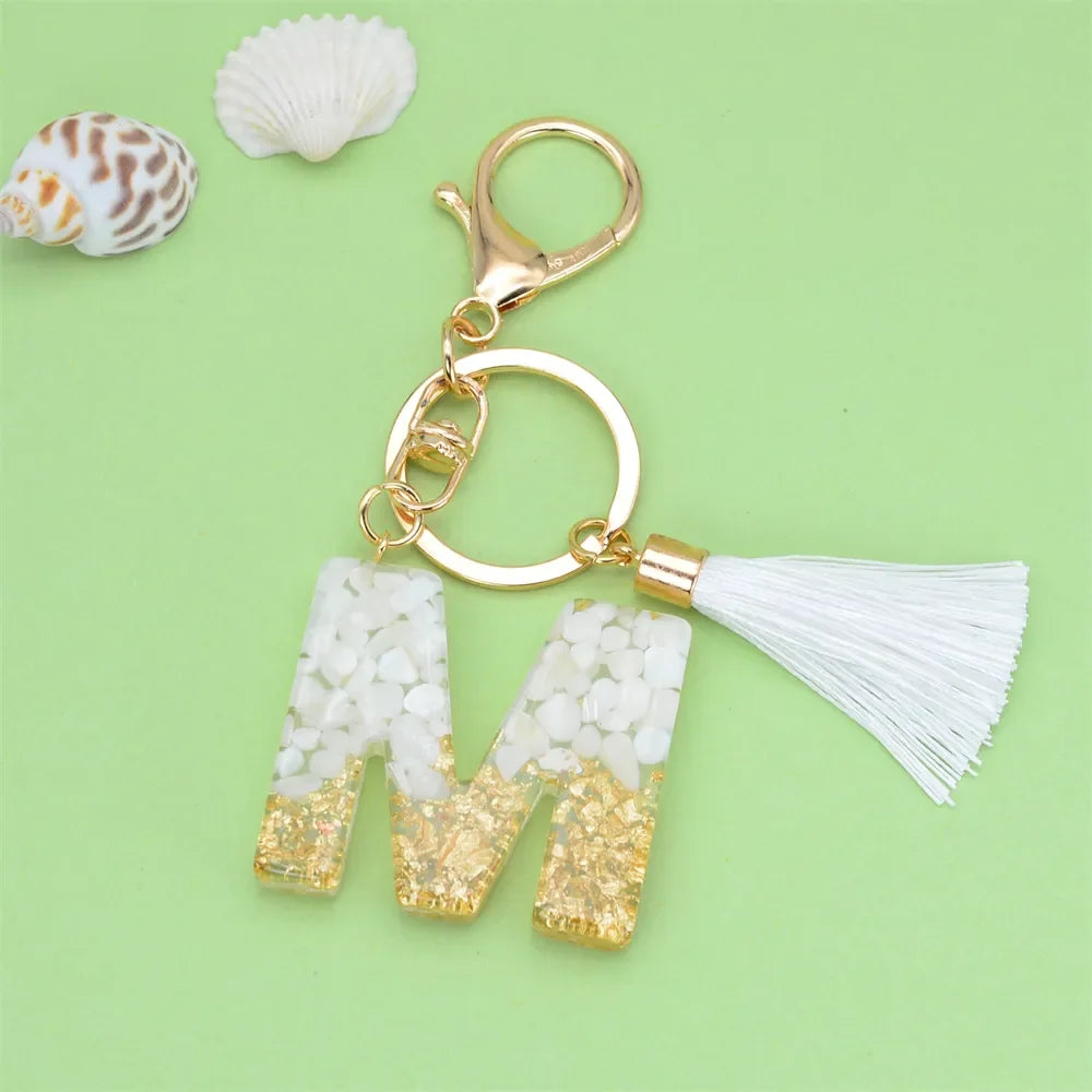 Fashion Bling A to Z Letter Keychain With White Tassel 26 Initial Keychain Car Key Holder Handbag Accessories