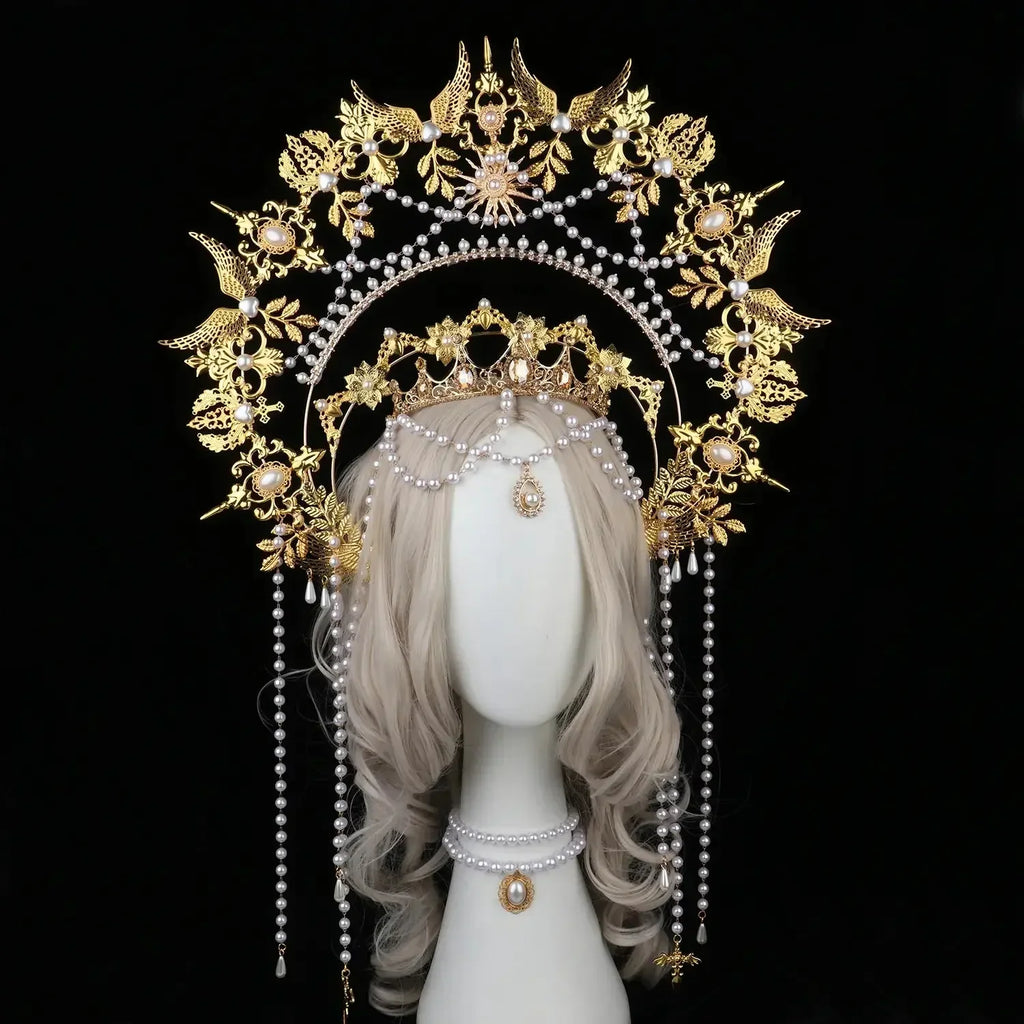 Sun Goddess Angel KC Halo Crown Headpiece Queen Anna Baroque Pearl Tiara Headband Lolita Collection Gothic Accessories