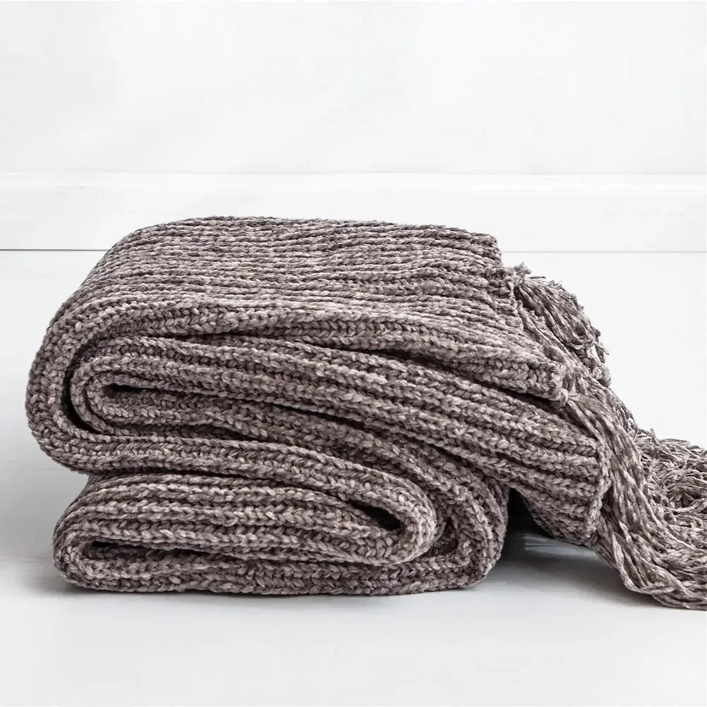 Chunky Knit Chenille Blanket With Pompoms