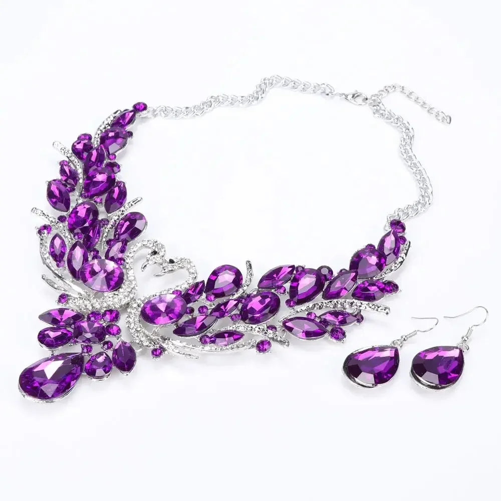 Crystal Bridal Jewelry Sets Gold Color Swan Pendant Necklace Women Gift Party Wedding Prom Necklace Earring Accessories