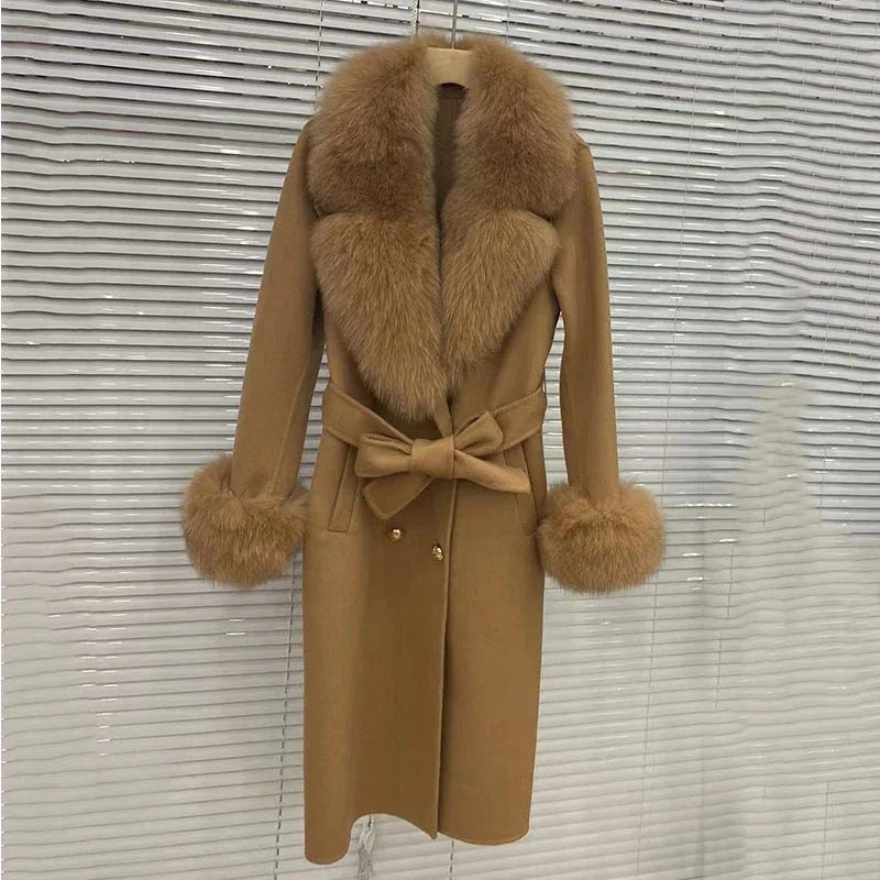 Long Wool Cashmere Blended Coat Real Fox Fur Cuffs & Collar