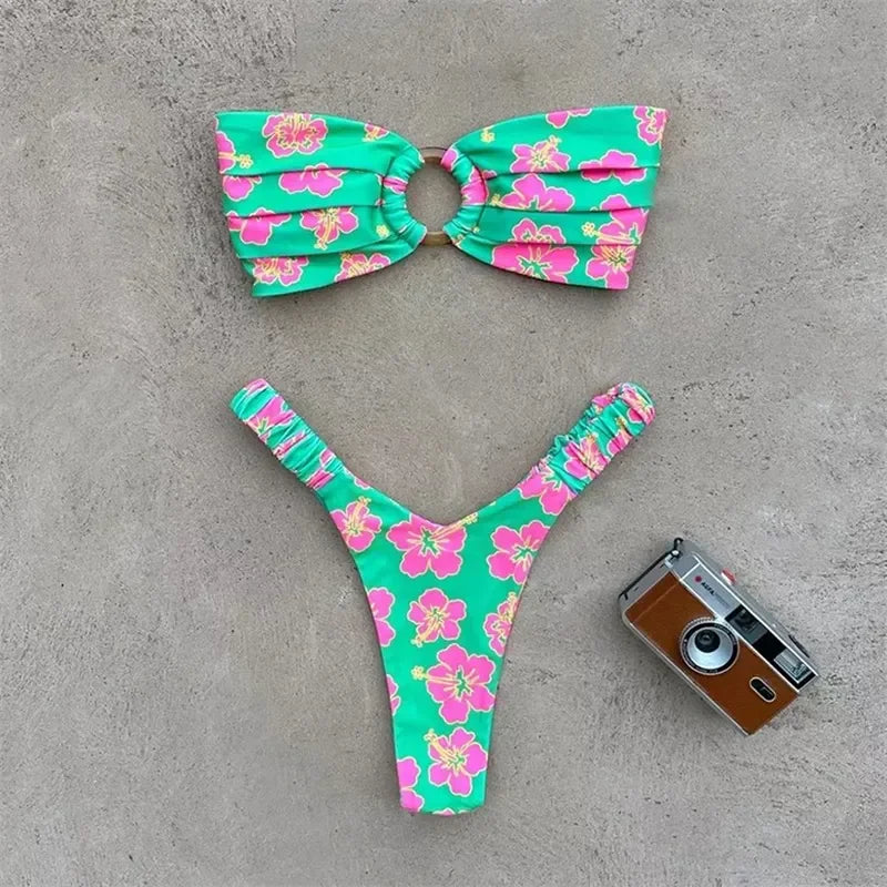 Para Praia Print Bandeau Swimsuit 2023 Sexy Thong Swimwear Women Brazilian Bikini Set Strapless Biquini Beachwear Bathing Suit