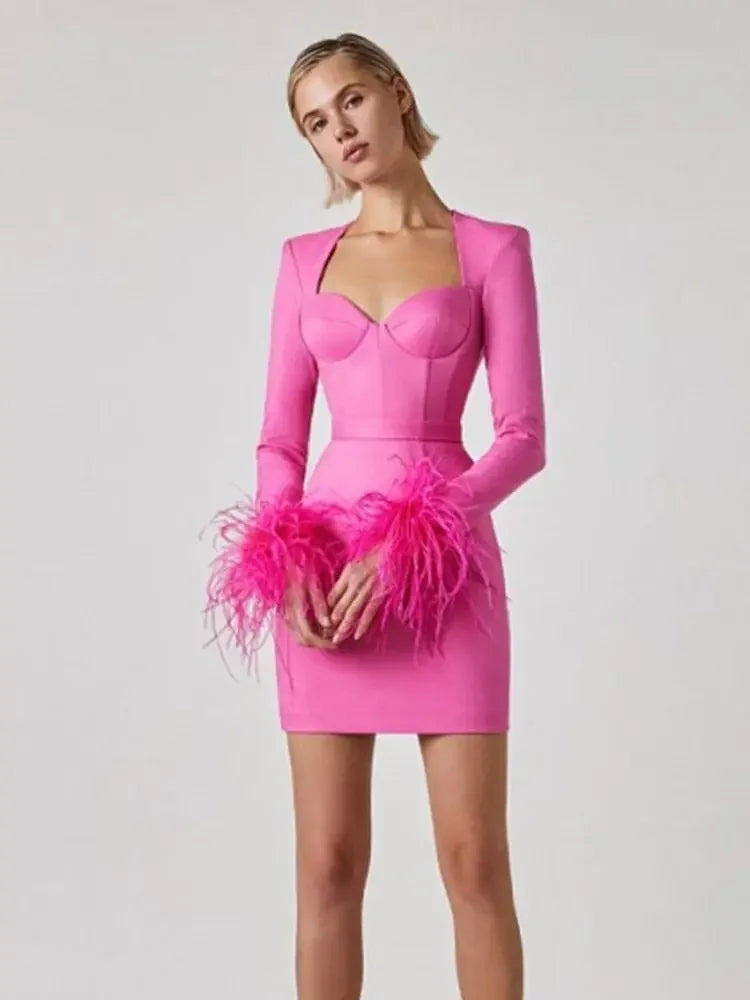 Sexy Long Sleeve Feather Mini Bodycon Dress