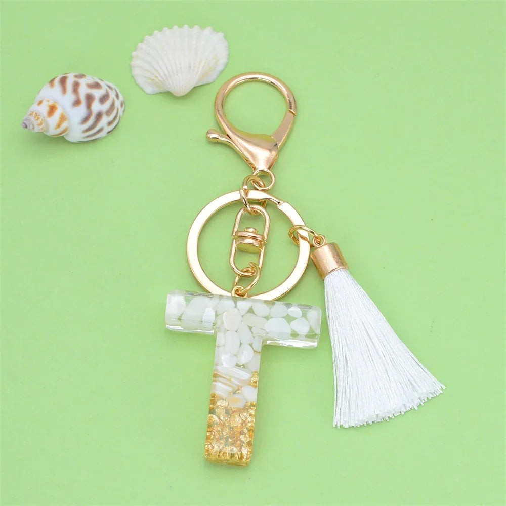 Fashion Bling A to Z Letter Keychain With White Tassel 26 Initial Keychain Car Key Holder Handbag Accessories