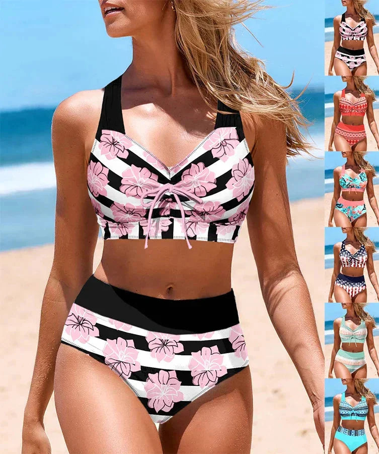 New Summer Women's Tank Top Triangle Shorts Two Piece Swimsuit Pink Plum Blossom Sexy Holiday Beach Set S-6XL