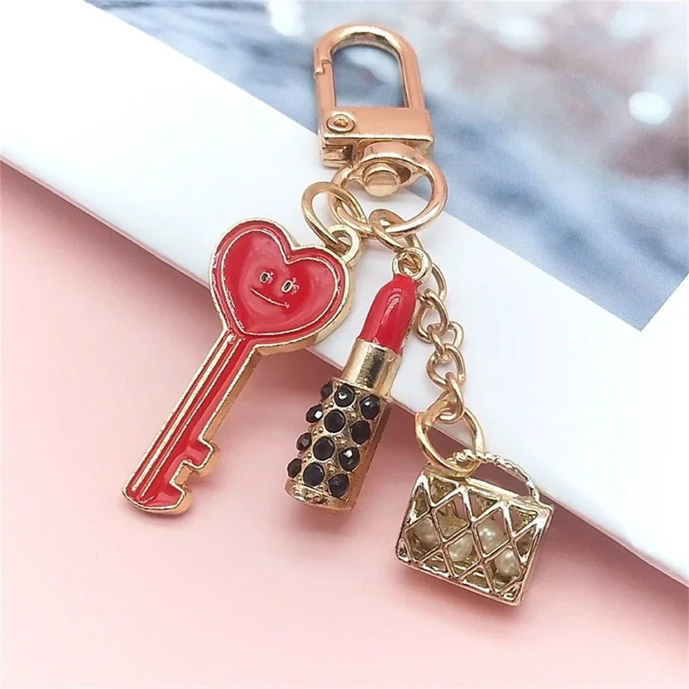 New Lipstick Lips Keychain with Black Rhinestones Key Ring Delicate Metal Pendant Charms for Women Girl Bag Car Accessories