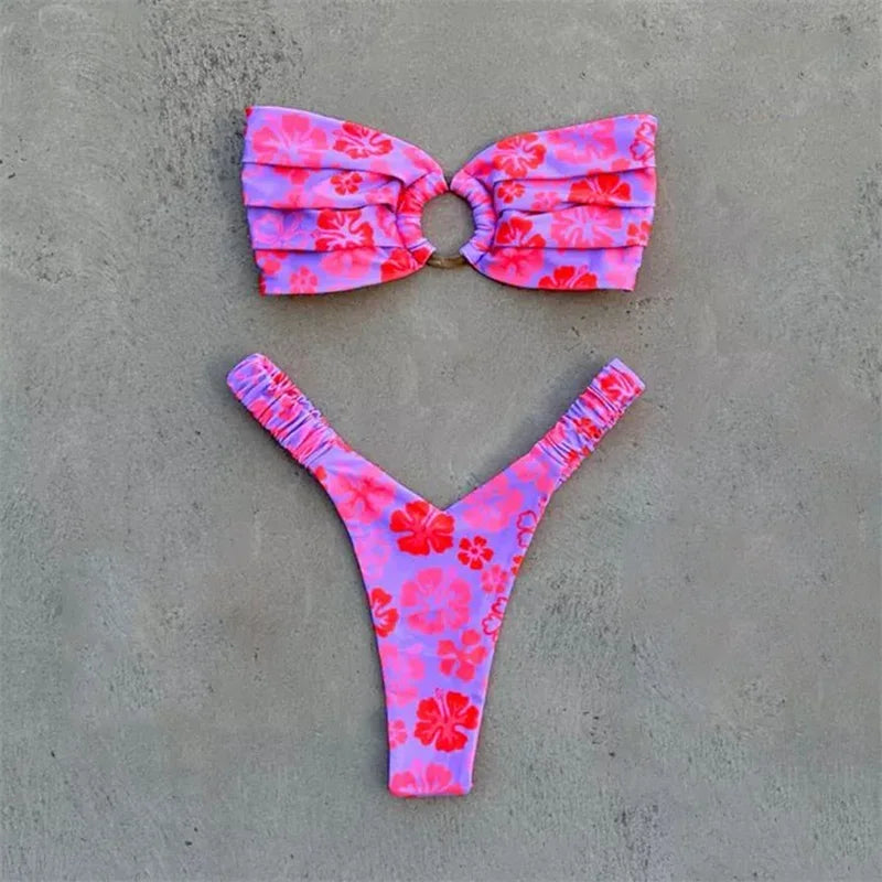 Para Praia Print Bandeau Swimsuit 2023 Sexy Thong Swimwear Women Brazilian Bikini Set Strapless Biquini Beachwear Bathing Suit