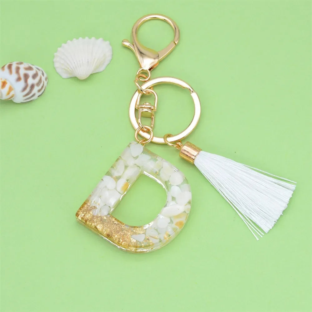 Fashion Bling A to Z Letter Keychain With White Tassel 26 Initial Keychain Car Key Holder Handbag Accessories