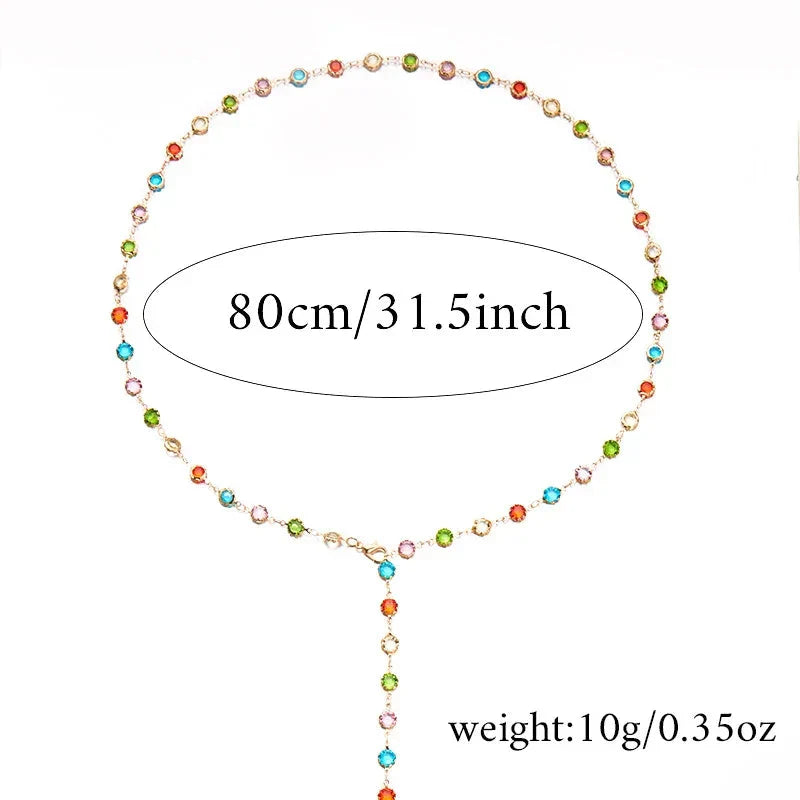Boho Fashion Y2K Colorful Glass Pearl Long Y-Shaped Necklace Metal Collarbone Chain Holiday Travel Party Body Jewelry Accessory