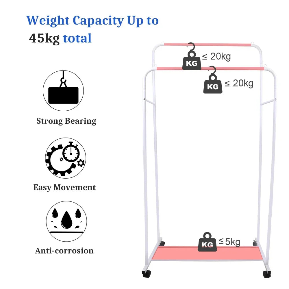 Heavy Duty Rolling Double Rod Clothes Rack