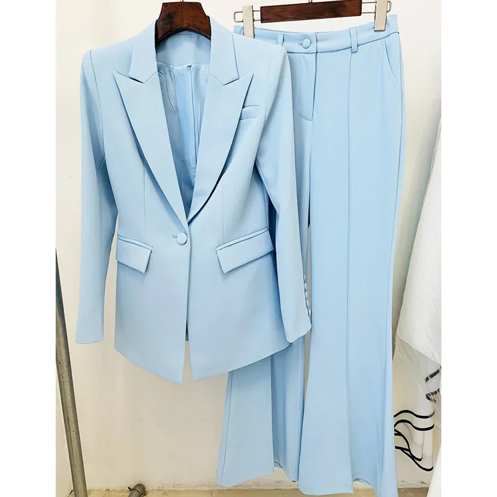 Single Button Flared Pants Blazer + Pants Suit Set