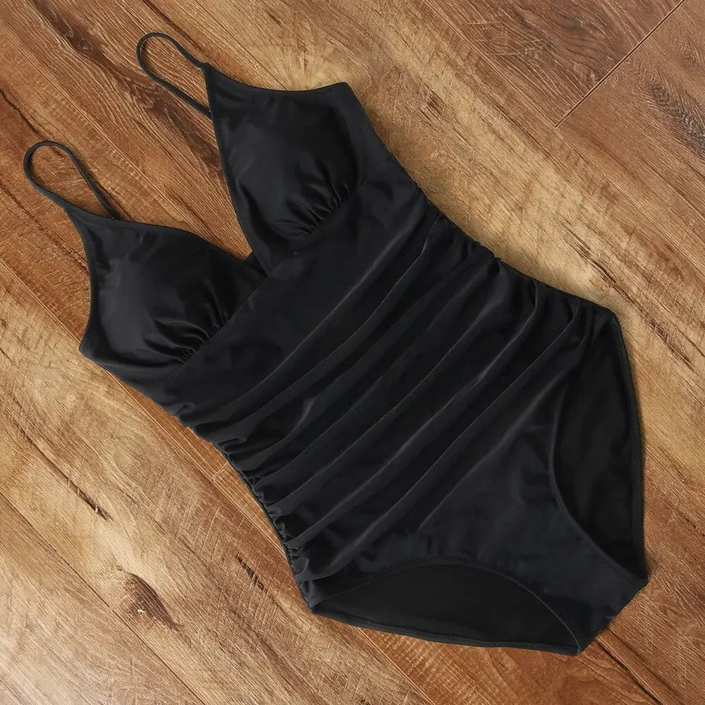 RXRXCOCO Women's Swimsuit One Piece Push Up Swimwear Women Neck Hanging Backless Sexy Bathing Suit Black Blue Beachwear Swimsuit