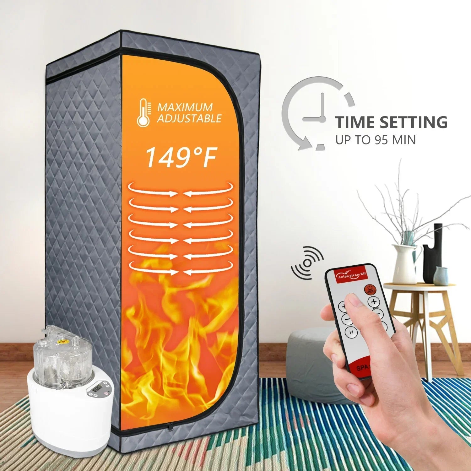 Portable Grey Home Sauna 1500W 4L Steam Pot With Folding Chair & Remote Control