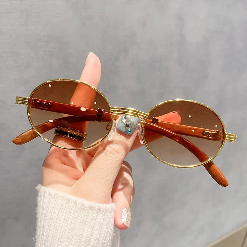 New Fashion Oval Sunglasses Men UV400 Sun Glasses Women Vintage Brand Designer Eyewear Imitation Wood Grain Sunglass