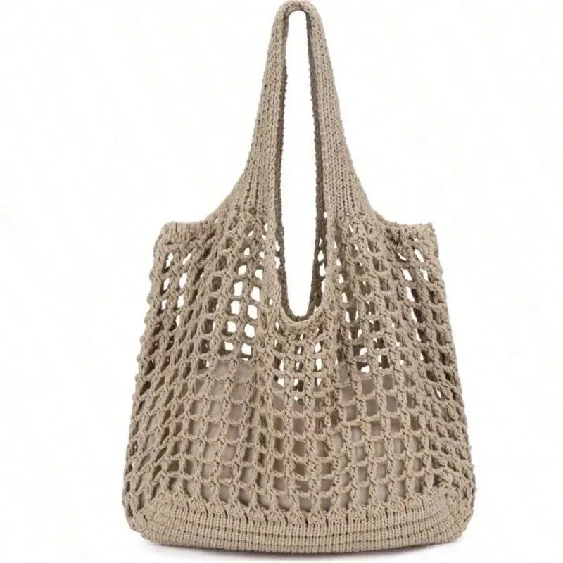 Women Crochet Tote Bag Hollow Beach Bag Large Capacity Fashion Knitted Bag Solid Color Simple Shopping Bag for Travel Vacation