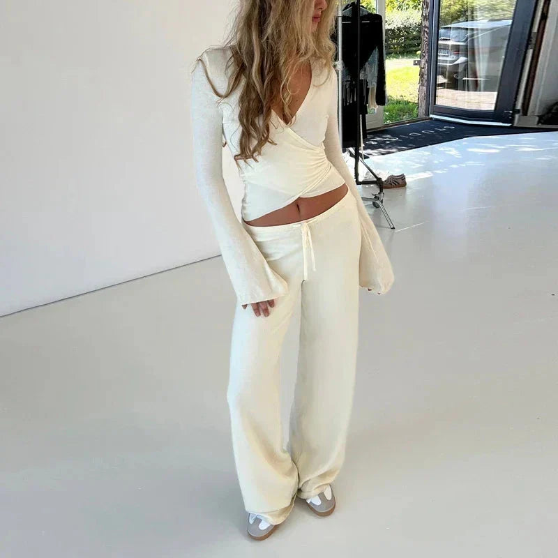 Casey Lounge V Neck Waist Tie T-shirt + Elastic Waist Pants
