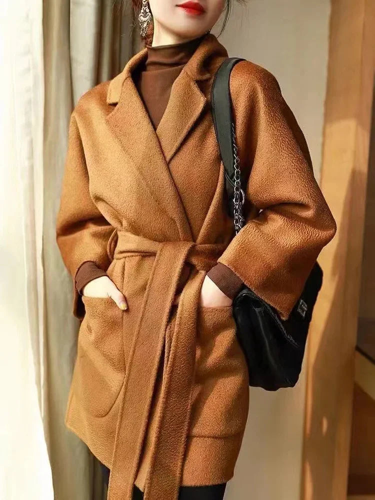 Brand high-end water corrugated double face cashmere coat Women 2022 loose lapel winter wool coat jacket