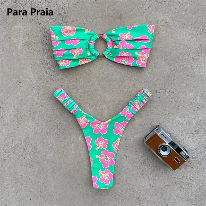 Para Praia Print Bandeau Swimsuit 2023 Sexy Thong Swimwear Women Brazilian Bikini Set Strapless Biquini Beachwear Bathing Suit