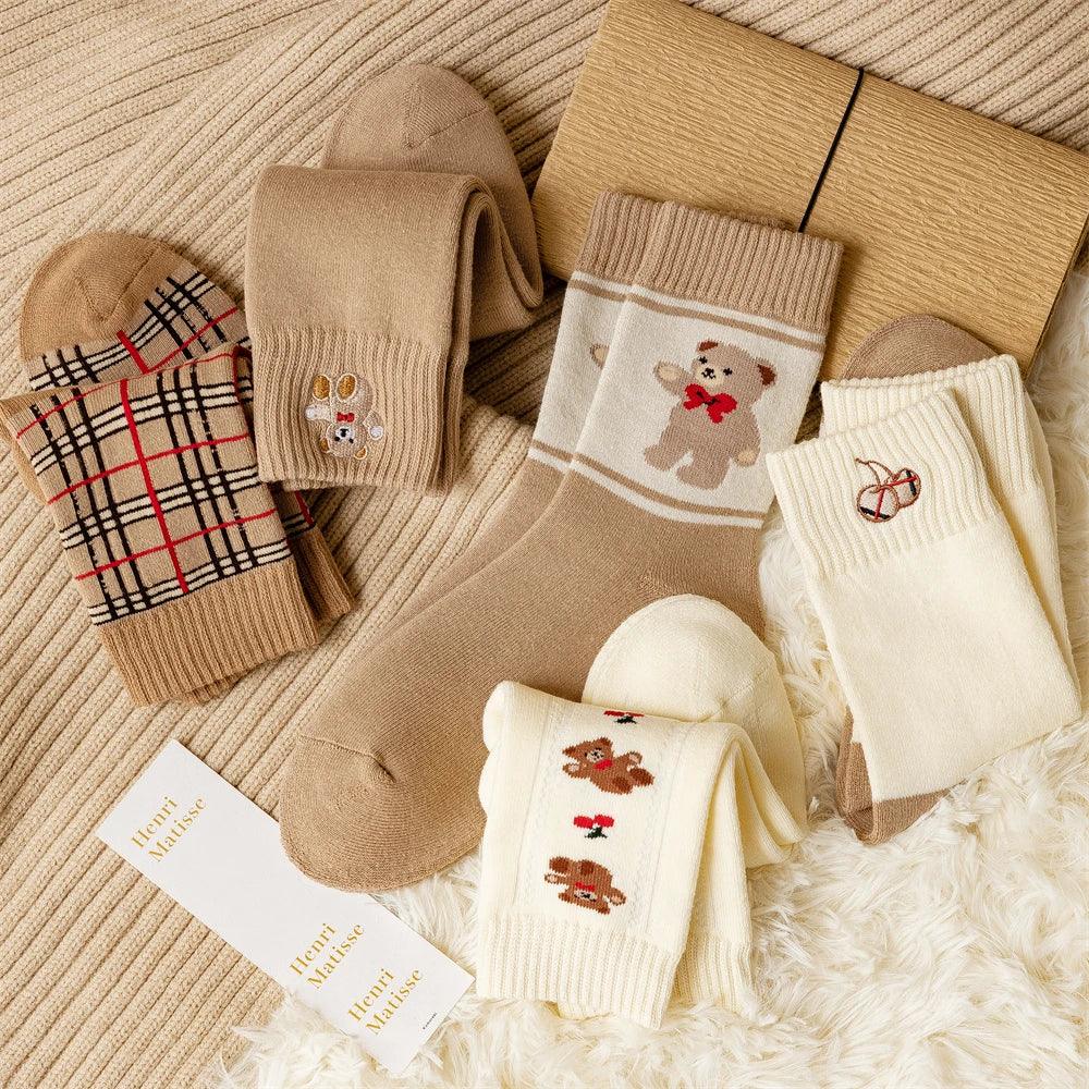 Geometric Lattice Fun Socks Japanese Style Embroidered Happy Fashion Spring Kawaii Harajuku Cotton Long Funny Autumn Female Cute