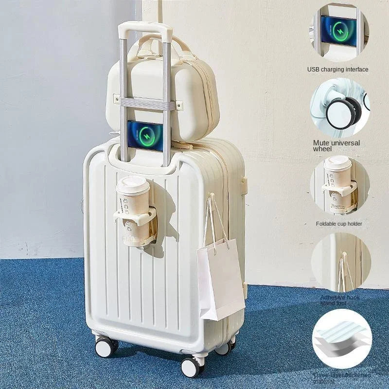 Large Pastel Suitcase With USB Charging Port & Cup Holder