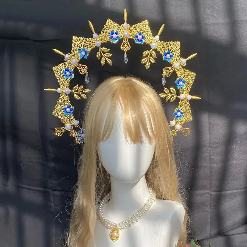 Sun Goddess Angel KC Halo Crown Headpiece Queen Anna Baroque Pearl Tiara Headband Lolita Collection Gothic Accessories