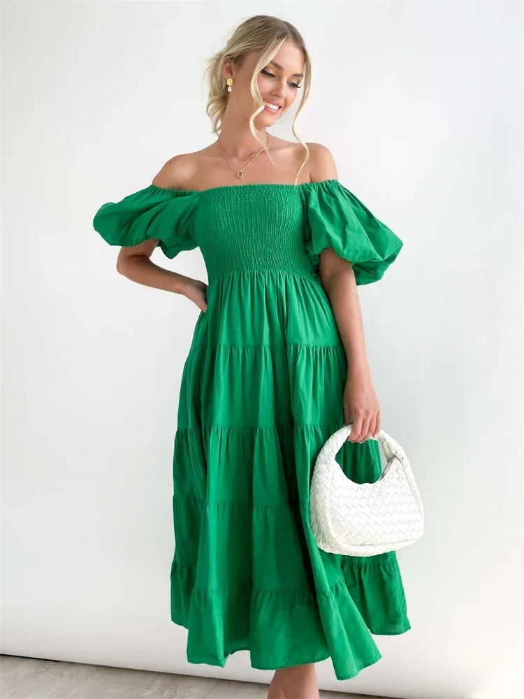 New style bubble sleeve holiday slim long skirt spice girl high waist one shoulder print dress