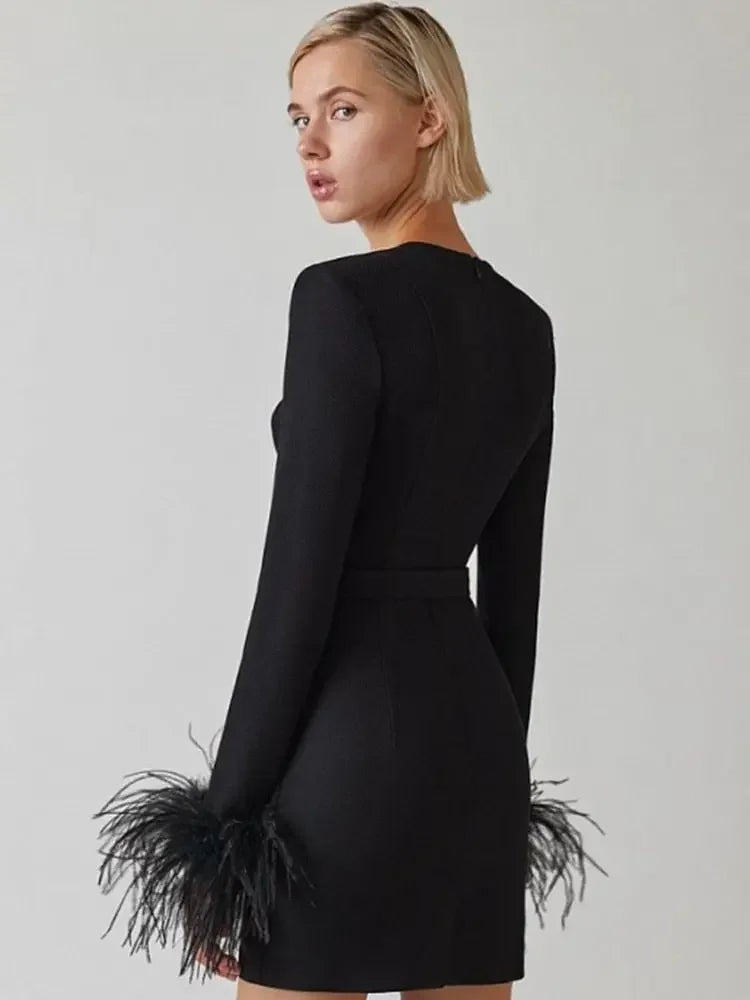 Sexy Long Sleeve Feather Mini Bodycon Dress