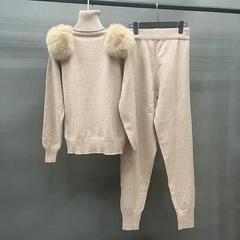 Women's Wool & Fox Fur Collar Knit Outfit