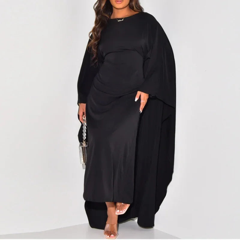 Chic Simple Basic Color Solid Long Robe Elegant O Neck Batwing Sleeve Commute Dress Casual Women Fashion Loose Swing Party Dress