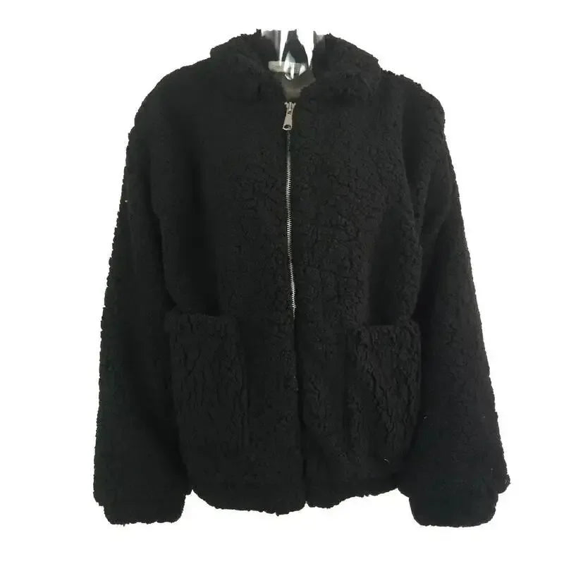 FMFSSOM Fashion Autumn Women Teddy Bear Fluffy Jacket Stand Collar Loose Plush Jacket Brown Solid Warm Outwear Faux Lamb Coats