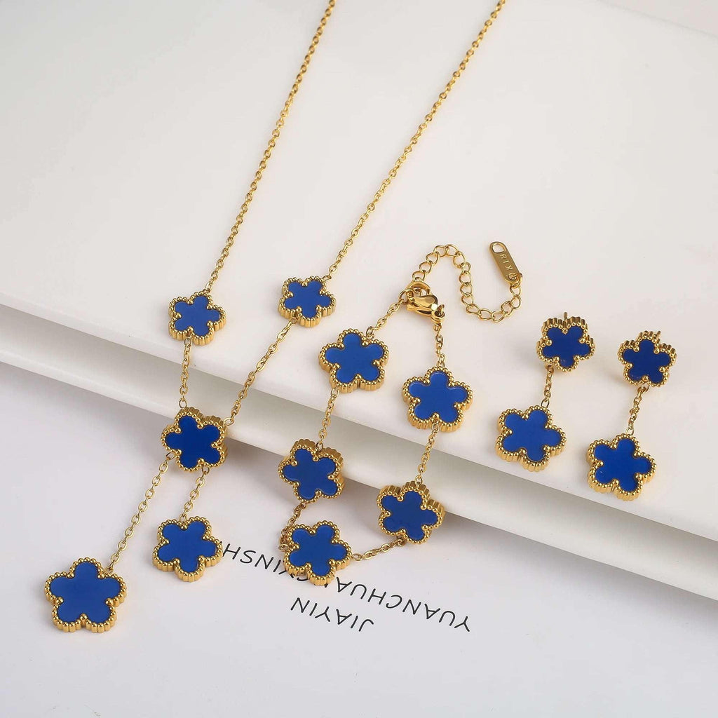 3Pcs 18k Gold-Plated Five-Leaf Flower Necklace Earrings Bracelet Jewelry Set For Woman Fashion Party Jewelry Daily Wear Clover