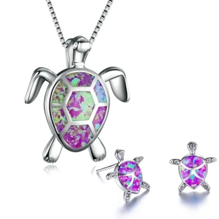Classic Cute Sea Turtle Necklace Earrings Trendy Animal Fire Opal Stud Earring For Women Boho Summer Beach Set  Custom Jewelry