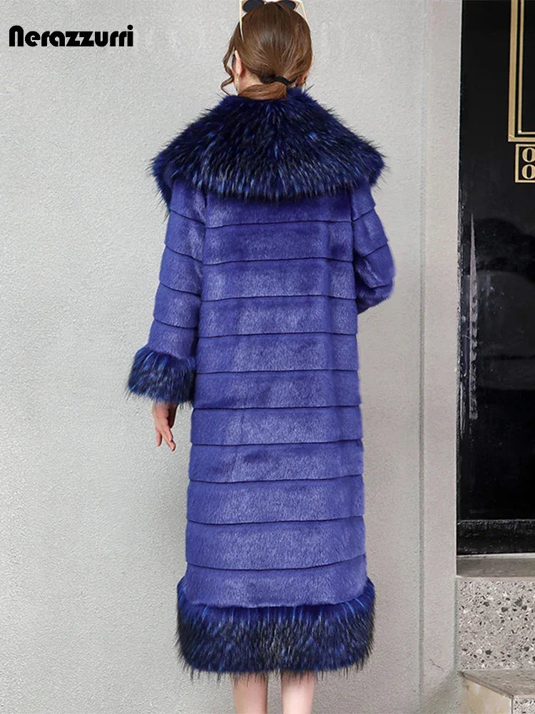 Nerazzurri Winter Long Striped Warm Sapphire Blue Luxury Fluffy Faux Mink Fur Coat with Fox Fur Trim European Overcoat Fashion