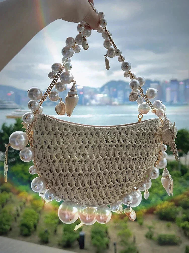 Lady Evening Bags For Women Luxury Designer Brand Handbags And Purses 2023 New In Papyrus Woven Chain Beaded Trim Shoulder Bag