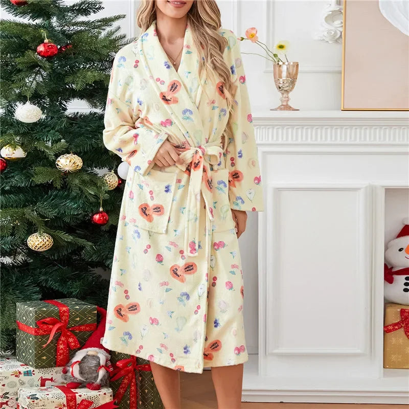 Women Y2k Fruit Robe Fleece Shawl Collar Bathrobe with Belt Cozy Spa Long Robe Open front Nightgown Loungewear