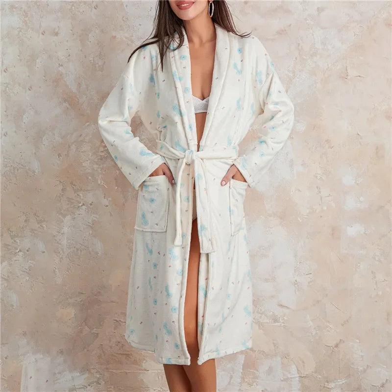 Women Y2k Fruit Robe Fleece Shawl Collar Bathrobe with Belt Cozy Spa Long Robe Open front Nightgown Loungewear