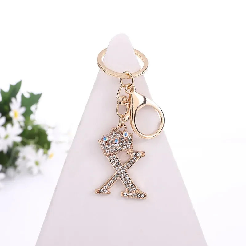 Luxury Crown 26 Letter Metal Keyring Fashion Rhinestone Keychain