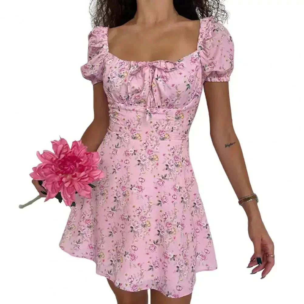 2024 New Summer Casual Off Shoulder Tie Up Floral Print A-Line Dress Sexy Women Short Sleeve Slim Mini Dress for Club Party