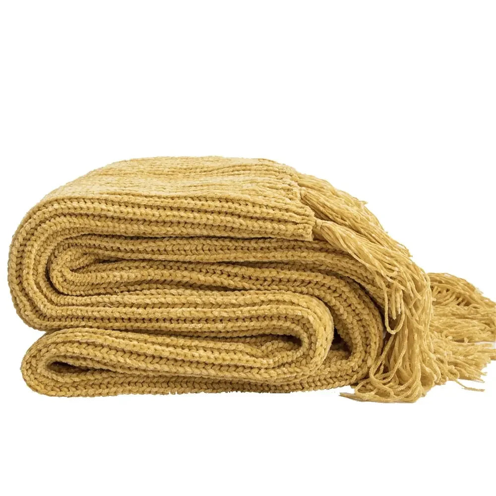 Chunky Knit Chenille Blanket With Pompoms