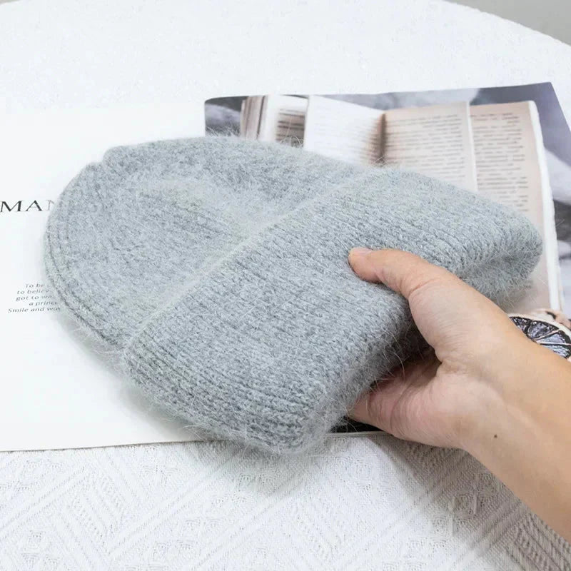 Fashion Warm Skullies Angola Rabbit Fur Winter Knitted Beanies Women Cap Female Three Fold Ski Outdoor Hats