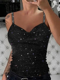 Women Rhinestone Spaghetti Strap Glitter Top
