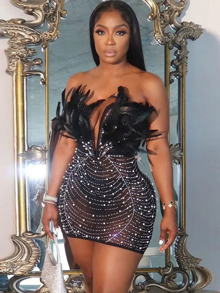 Off The Shoulder Mesh Rhinestone Beaded Feather Prom Corset Dress See Through Night Club Evening Wedding Party Sexy Mini Dresses