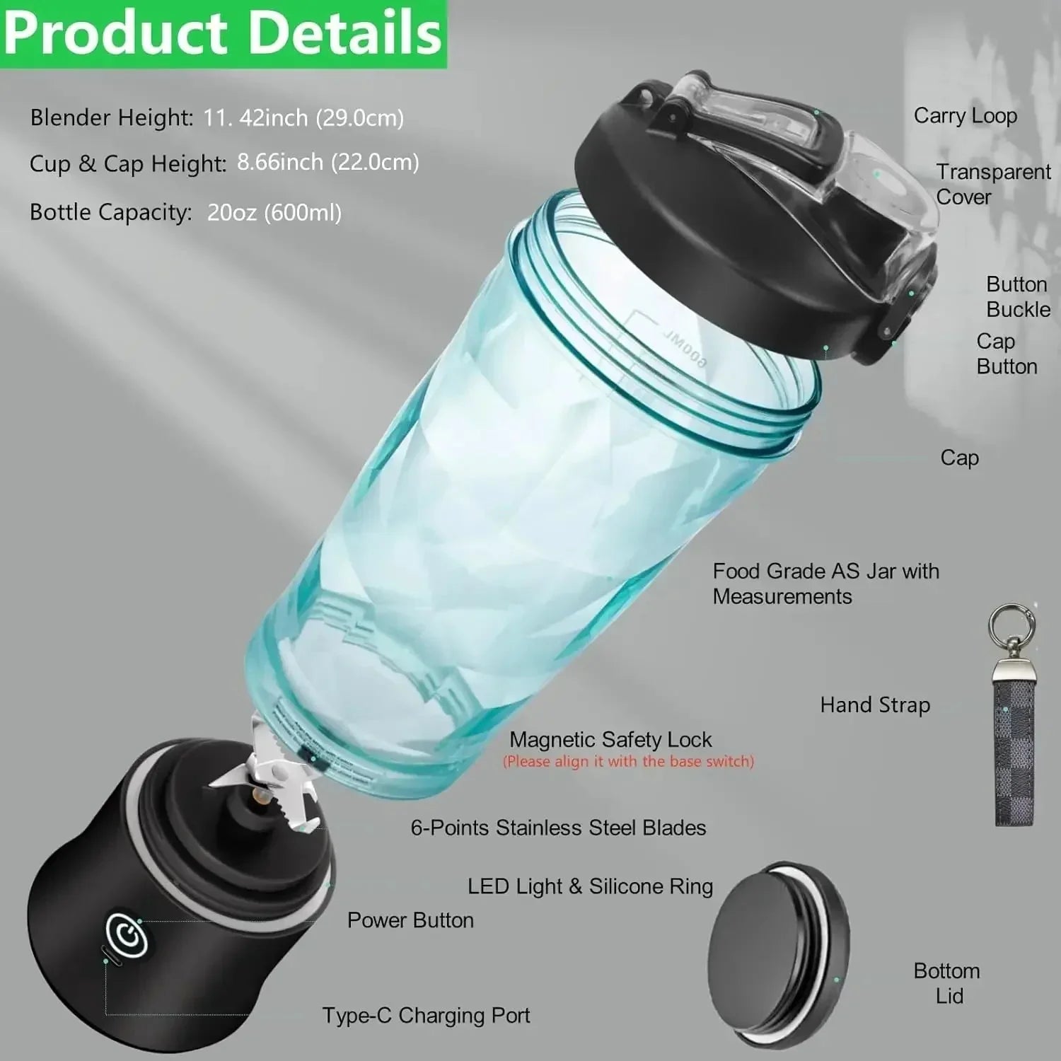 Healthy Living Portable Blender 20oz USB With 6 Blades