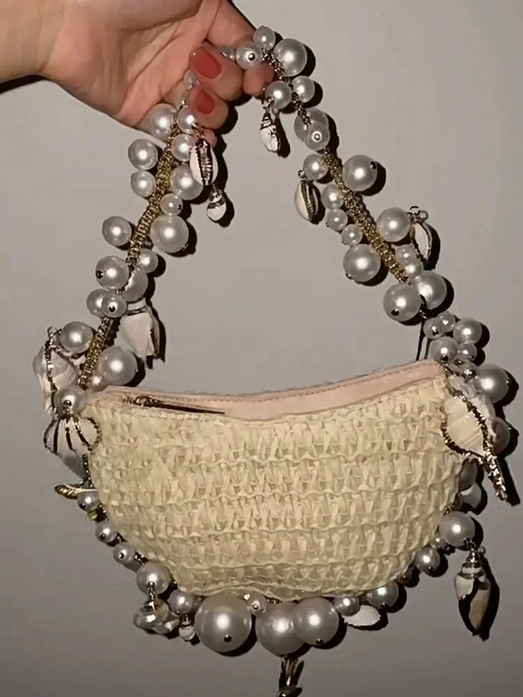 Lady Evening Bags For Women Luxury Designer Brand Handbags And Purses 2023 New In Papyrus Woven Chain Beaded Trim Shoulder Bag