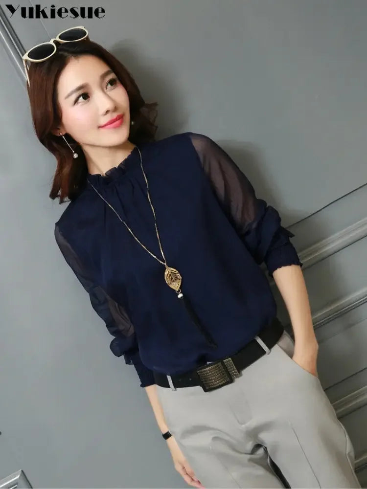 Spring Summer Elegant blouse women Korean Chiffon Shirt Women Long Sleeve Ruffled Women's shirts and blouses Office Lady Tops