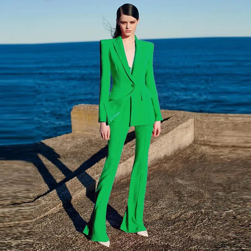 Single Button Flared Pants Blazer + Pants Suit Set