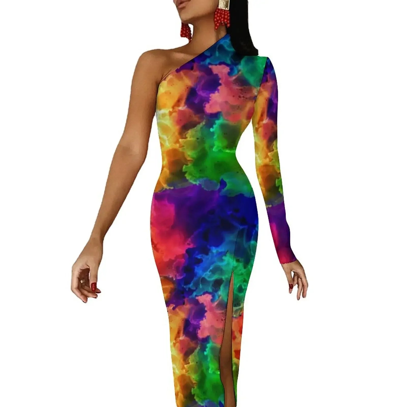 Neon Paint Long Dress Women Graffiti Splatter Print Party Maxi Dress Summer Long Sleeve Sexy Bodycon Dresses Side Split Clothes